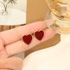 Retro Wine Red Heart Earrings: Elegant French Style with Silver Needle, Versatile and Fashionable for a Unique Hong Kong-inspired Look.