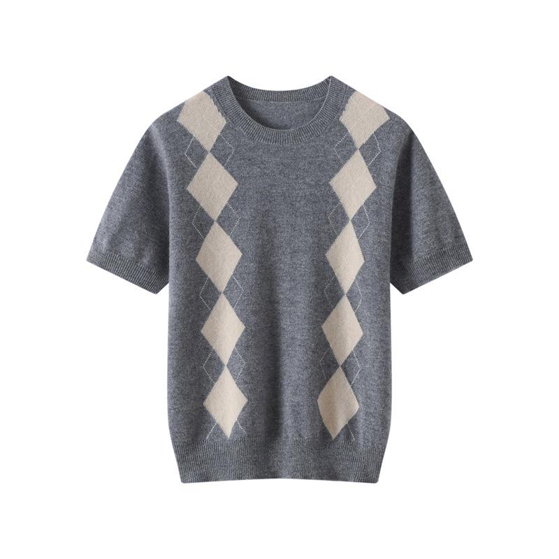 Pure Cashmere Color Block Knitwear with Diamond Pattern
