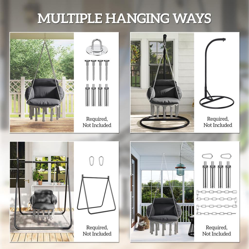 Hanging Chair Outdoor Hammock Chair with Soft Cushion, Cotton Rope Boho Style Swing Chair, Hanging Garden Swing Seat for Indoor Outdoor, Dark Grey