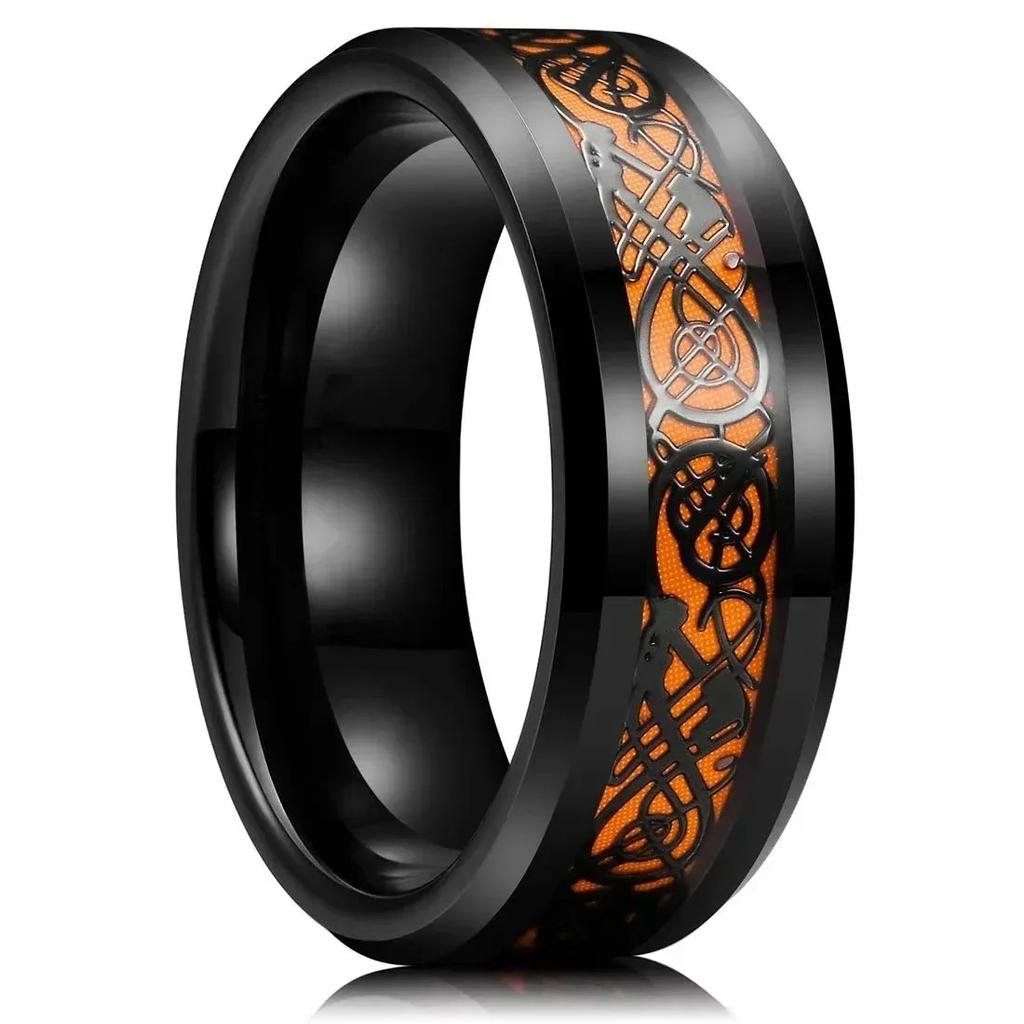 Fashion 8mm Men Stainless Steel Celtic Dragon Rings Inlay Orange Carbon Fiber Rings For Men Women Wedding Band Jewelry