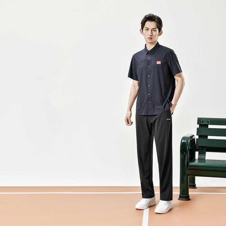 Li-Ning Однотонная дышащая легкая быстросохнущая рубашка с коротким рукавом на пуговицах мужские рубашки темно-синего цвета ASHT469-1