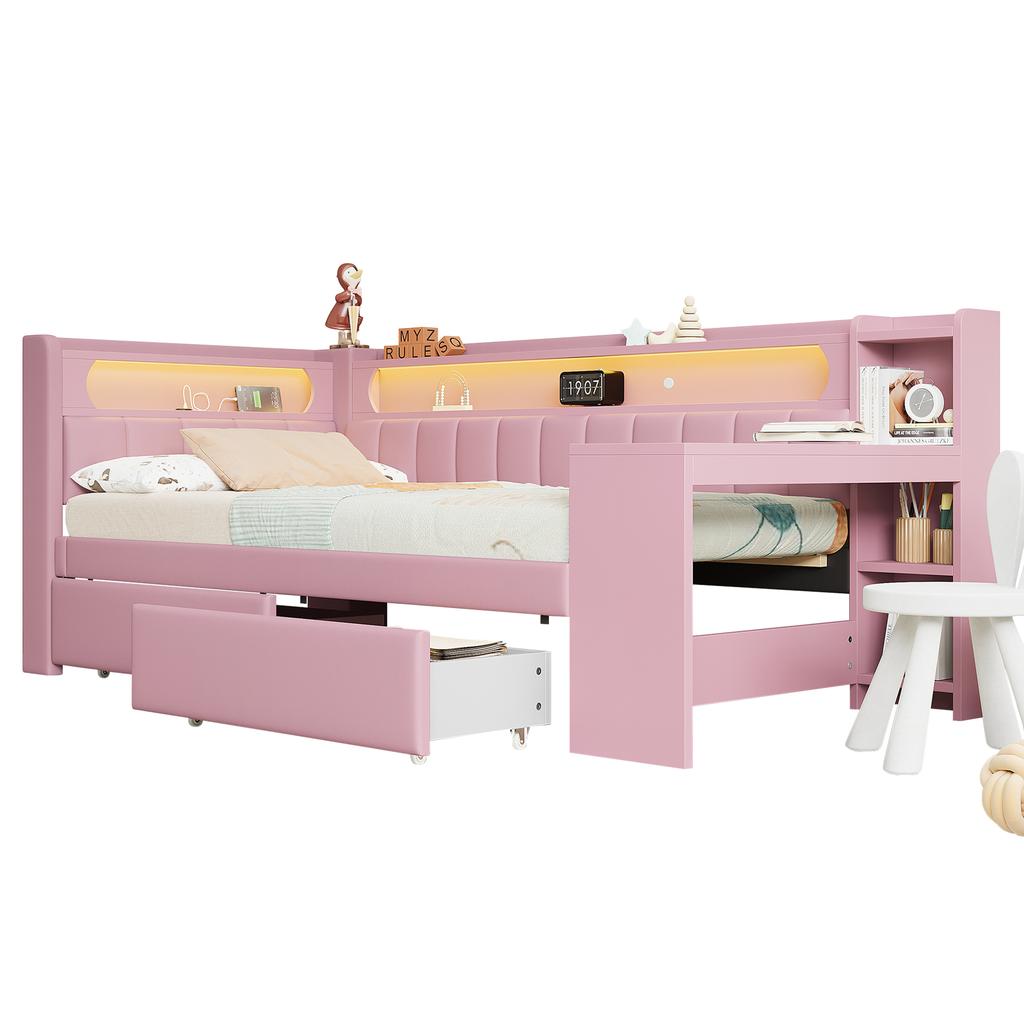 Upholstered 90x200 Daybed with USB Ports and LED Strip, with Desk and 2 Drawers, Pink