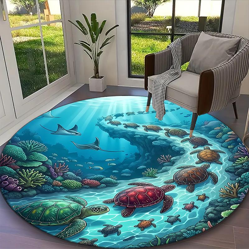 1pc Office Carpet, Calm Turtle Dolphin Marine Chair Rug, Living Room Printed Round Rug, Home Chair Floor Mat