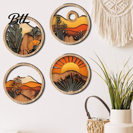 Warm Wood Grain Art 4 Pcs Boho Wall Art, Bohemian Sunset Mountain Plant Decor, Wooden Natural Tone Round Circle Hollow Out Farmhouse Hanging Ornament