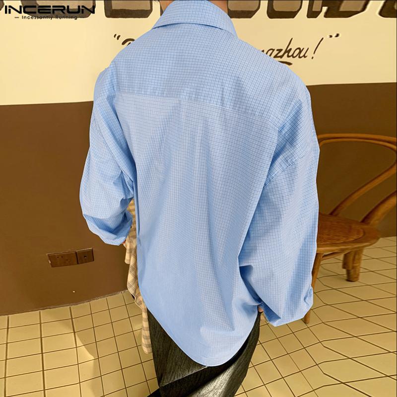 INCERUN Мужские рубашки оверсайз с лацканами, длинным рукавом, цветочным принтом и клеткой, повседневные топы