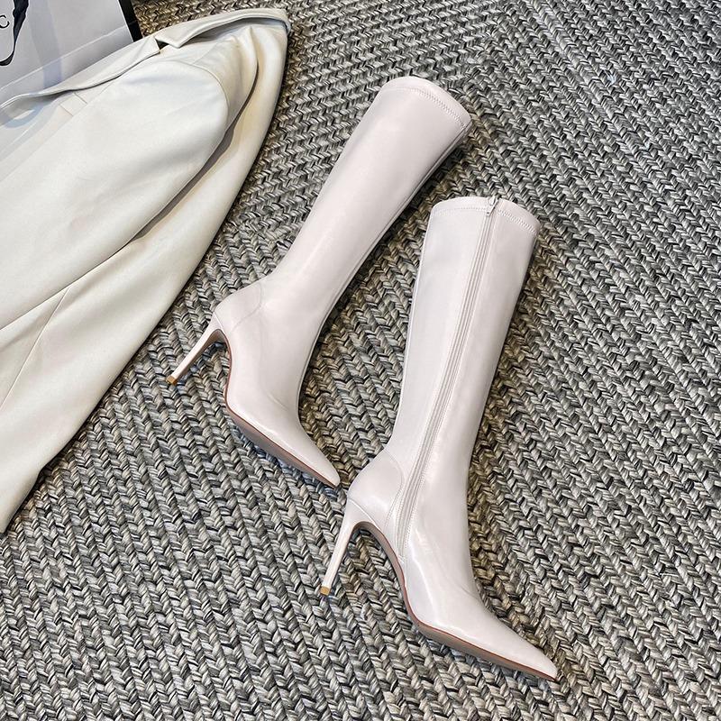 Black Winter Knee High Shaft Heels Pointed Toe Women's Boots Leather Footwear Elegant Heeled Shoes for Woman Long Spring  Pu