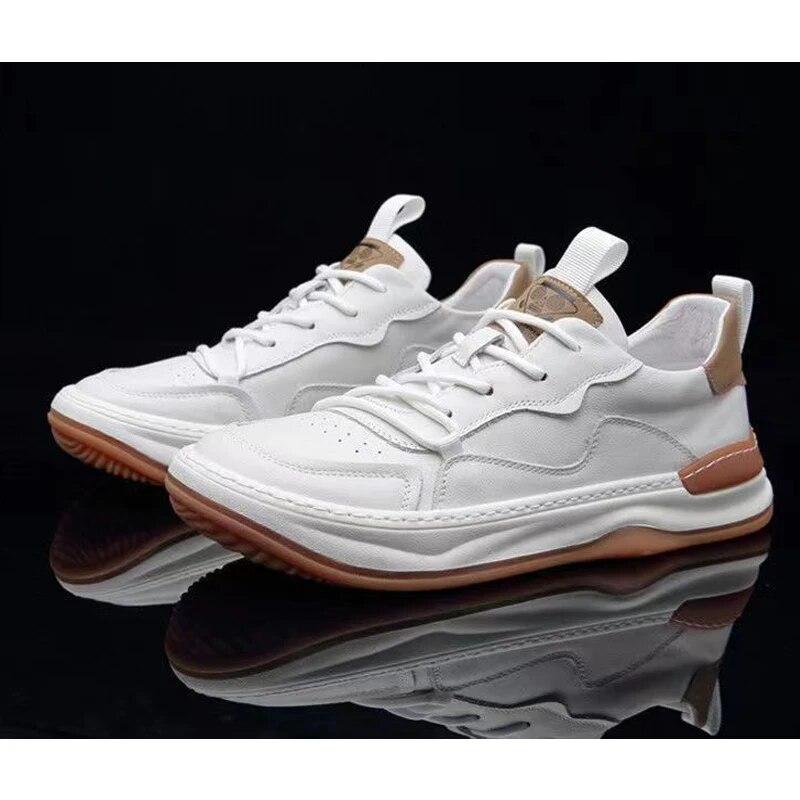 2024 Fashion Sneakers Mens White Shoes Genuine Leather Thick Sole Soft Cow Leather Flat Male Brand Black Footwear