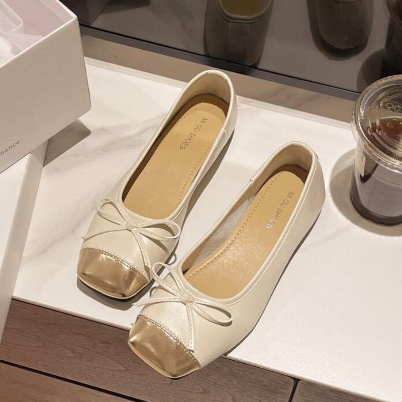 Low Heel Mary Jane Shoes Women 2024 New Bow Square Head Silver Patchwork Flat Ballet Shoes Women Apatos De Mujer
