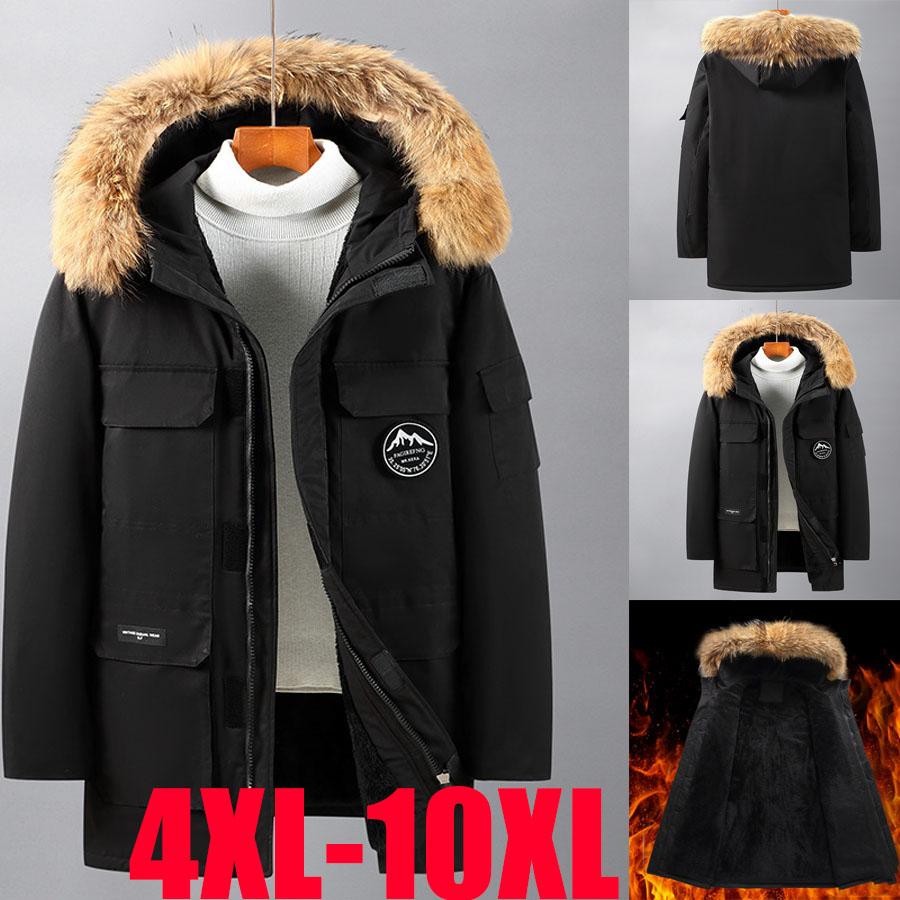 Plus Size Pie Overcome Men's Winter Mid-length Plus Velvet Thickened Warm Plus Fat Plus Large Hooded Cotton Coat Fat Man's Cotton Coat 4XL-10XL