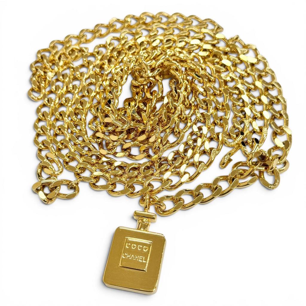 Very Good CHANEL Logo perfume bottle charm, double chain belt, total length gold Used