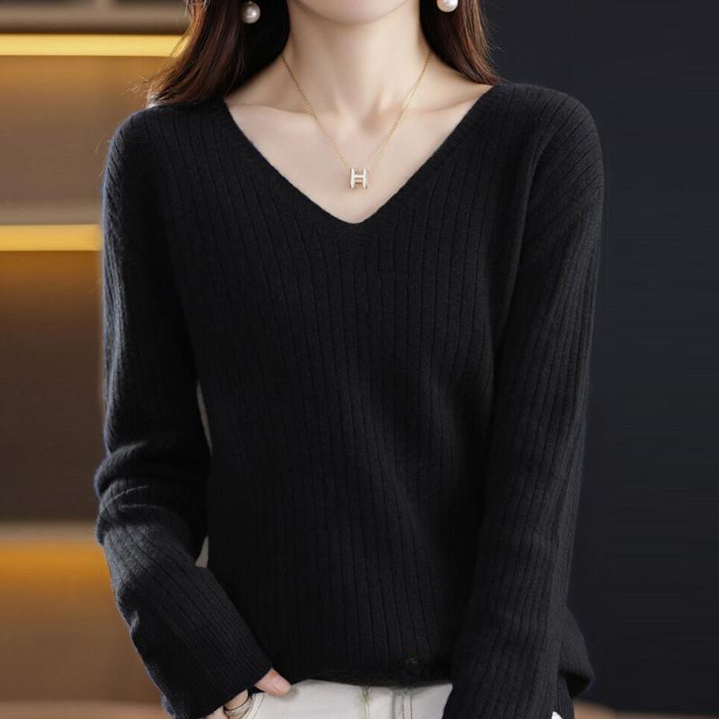 Slim Fit Женские пуловеры свитера топы осень и зима новый V-образный вырез вязаный свитер длинный рукав однотонный трикотаж одежда 28502