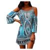 (SU)Женская мода с принтом и круглым вырезом с коротким рукавом и открытыми плечами, сексуальное платье на бретельках