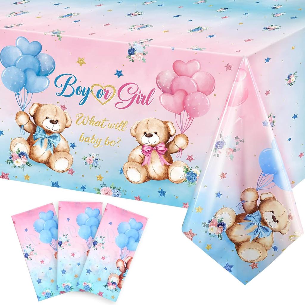 Capoda 3 Pcs Bear Baby Shower Tablecloths Gender Reveal Table Covers Rectangle Plastic Bear Table Cloths for Baby Shower Gender Reveal Party