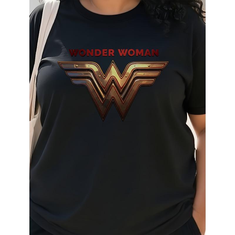 Европейский размер Лига Справедливости Женская футболка с графическим принтом логотипа Чудо-женщины - L-5XL, Всесезонный комфорт, Повседневная, С круглым вырезом, Короткий рукав