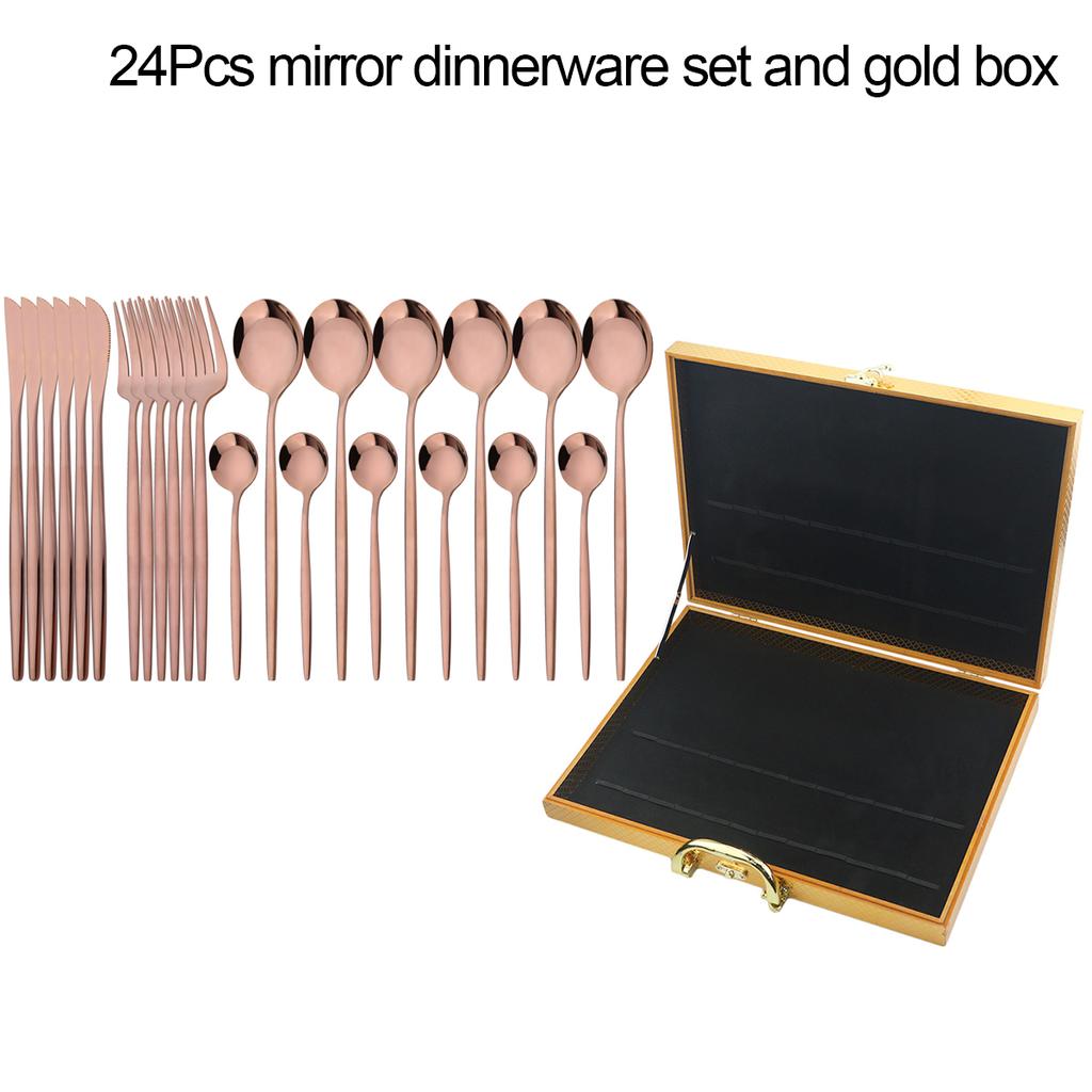 24Pcs Black Gold Dinnerware Set with Box Knives Fork Tea Spoon Cutlery Set Stainless Steel Silverware Tableware Kitchen Flatware