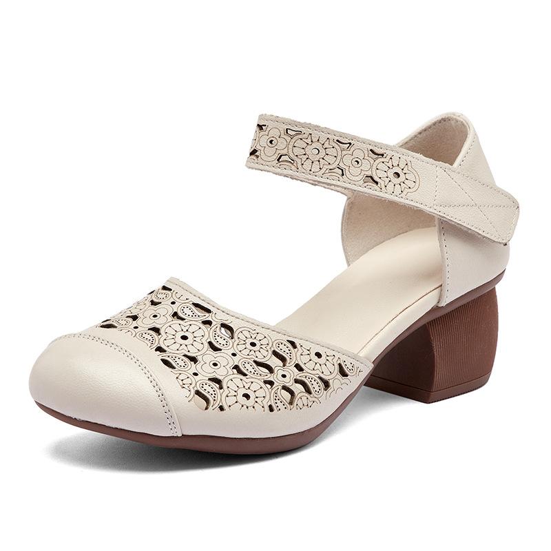 Fashion GKTINOO Genuine Leather Women Sandals Round Toe Summer Shoes Thick Heels Soft Sole Women Shoes 2025 Hollow Mom Sandals