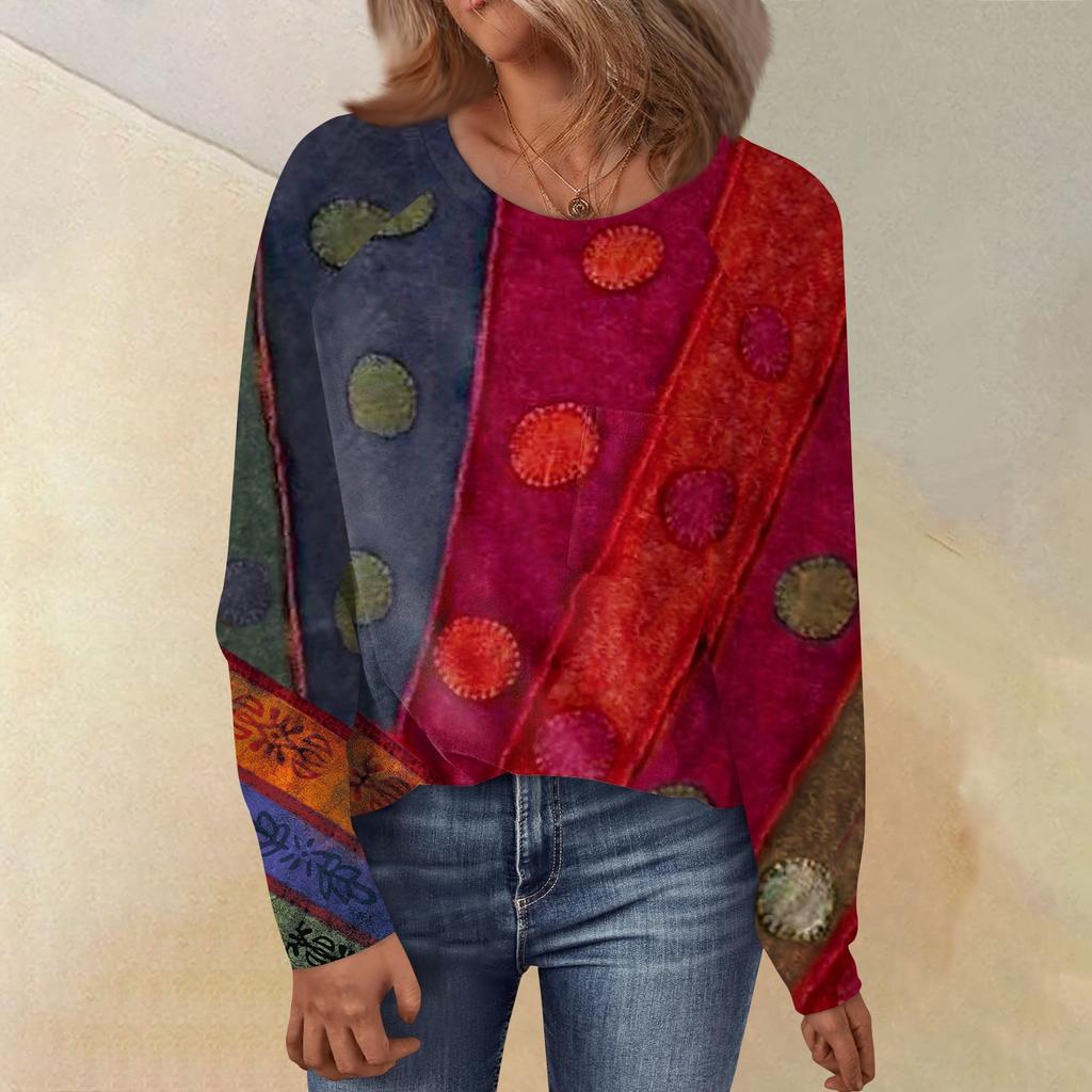 Women's Round Neck Floral Print Raglan Sleeves Long Sleeves All-match Loose Top