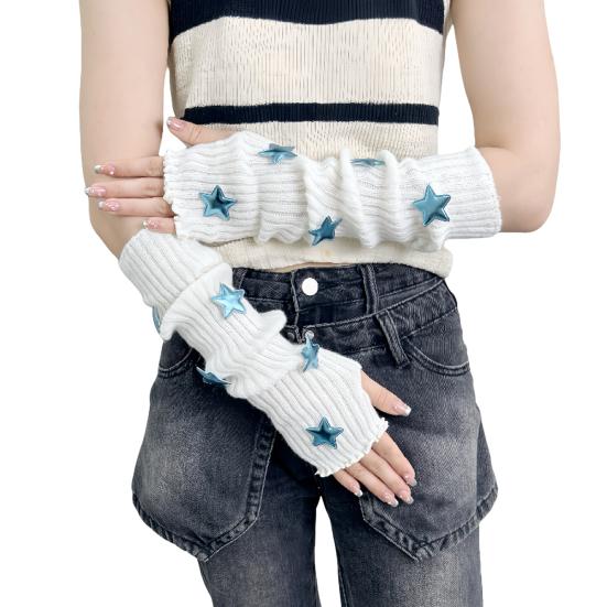 Вязаные митенки для девочек, длинные перчатки до запястья без пальцев, зимние нарукавники со звездой и отверстием для большого пальца для женщин, уличная одежда, вечеринки