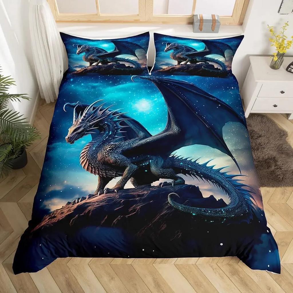 Magic Flying Dragon Duvet Cover Set Bright Colorful Fly Dragon Wildlife Kids Comforter Cover Outer Space Galaxy Men Bedding Set