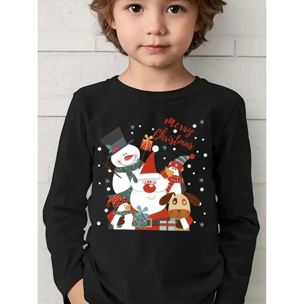 Spring and Autumn Round Neck 3D Christmas Theme Printed Top Fashionable Casual Long Sleeved Children's Boy T-shirts
