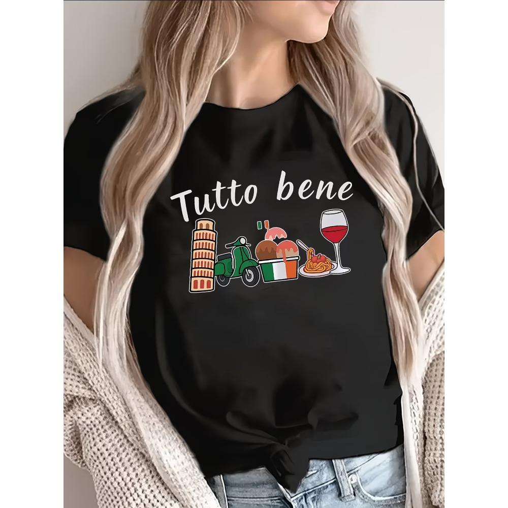 Tutto Bene Италия Футболка Женская Итальянский Отпуск Графическая Футболка Смешная Башня Пизы Мороженое Вино Принт Летняя С Коротким Рукавом Туристический Топ