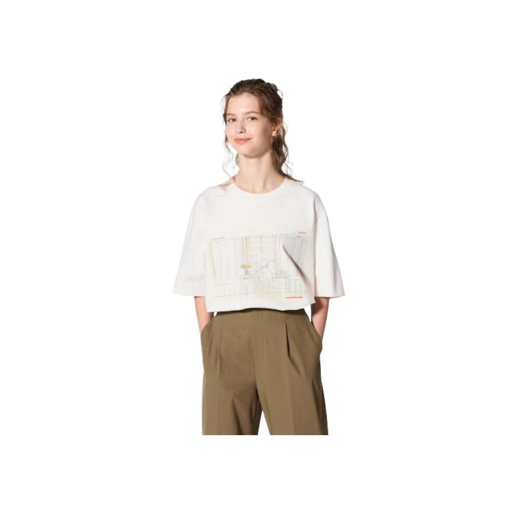 Uniqlo X Kenshi Yonezu Коллаборация Осень/Зима 2024 Письмо Серый Силуэт цапли Принт Свободный крой Круглый вырез Короткий рукав Футболка Унисекс Топы Белый 473522-01