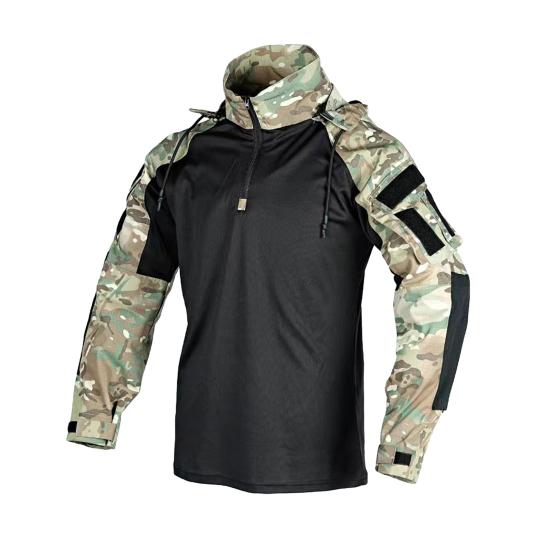 Мужская камуфляжная тактическая рубашка с длинным рукавом и воротником-стойкой, футболка с застежкой-молнией 1/4, камуфляжная униформа со съемным капюшоном для страйкбола, охоты, походов