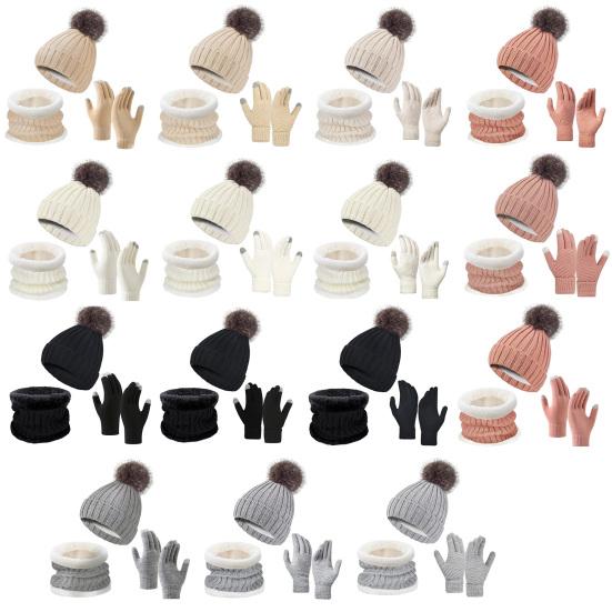 3 Pcs/Set Unisex Winter Beanie Scarf Gloves Set Thick Knitted Warm Cap Gloves