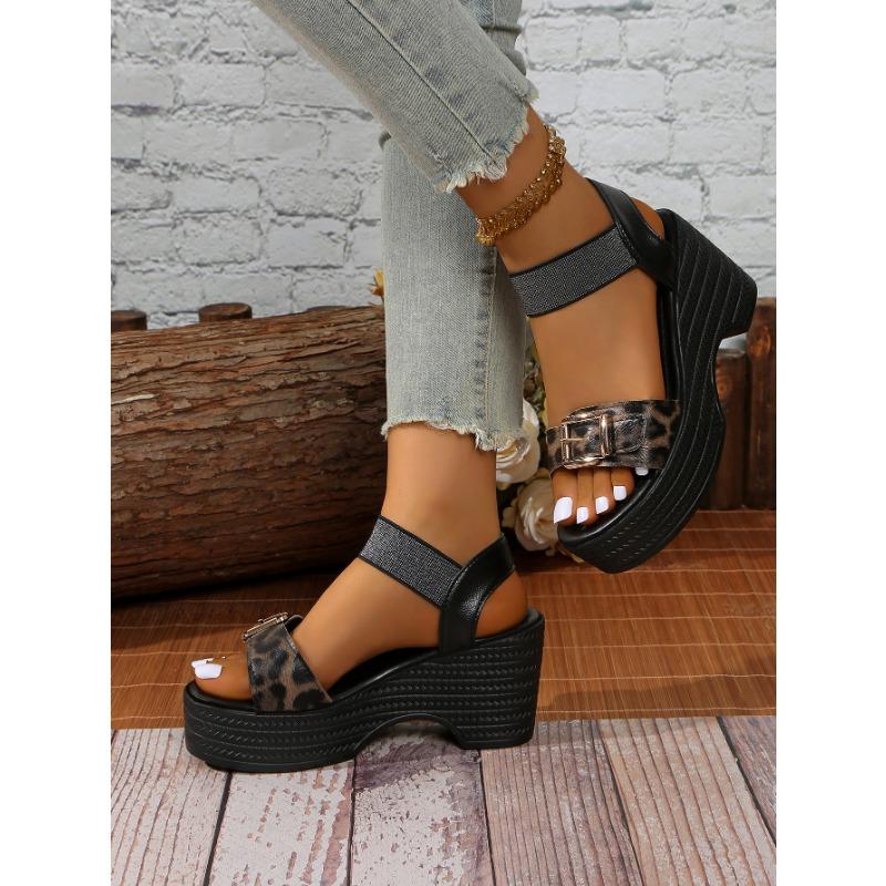 Леопардовый Высокий Каблук Модные Босоножки Женские Летние Большие Размеры Женские Толстые Босоножки