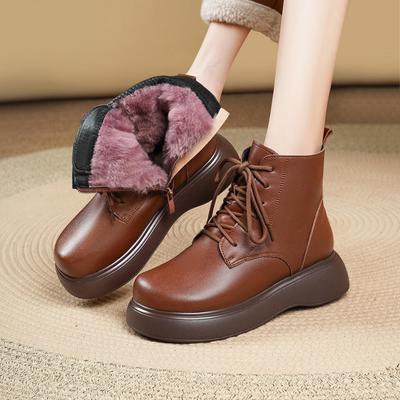Женские ботильоны Мартин из натуральной кожи в британском стиле на толстой подошве, с ретро флисовой подкладкой и шерстью до носка для защиты от снега, осень-зима 2025