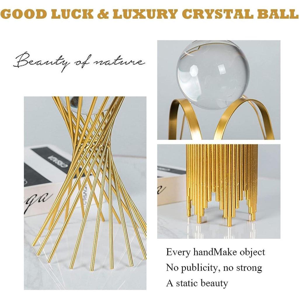 Clear Crystal Ball with Gold Art Deco Stand | Light Luxury Crystal Sphere for Photography, Ornaments, Bookcase Decor, Wedding, and Party