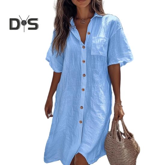 Women Shirt Lapel Short Sleeve Casual Commuter Style Shirt Solid Color Loose Fit Buttons Placket Work Shirt