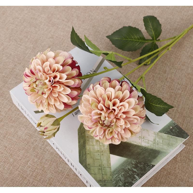 Artificial 3-Head Fu Shou Dahlia Flower for Wedding and Home Decoration