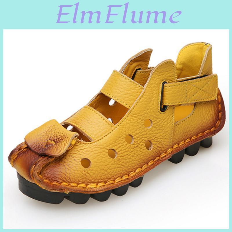 Summer Handmade Leather Genuine Retro Women Shoes Soft Flat Shoes Hollow Casual Women Sandals
