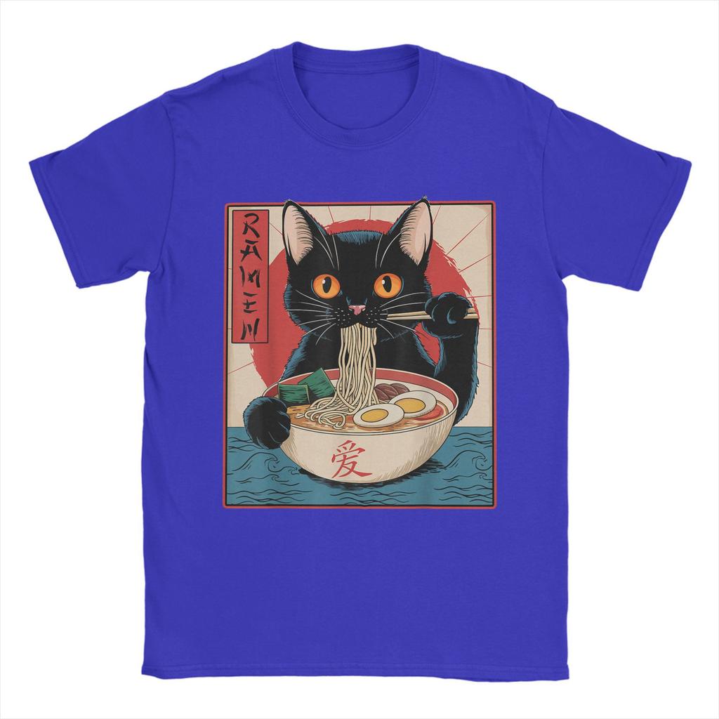 Men Japanese Black Cat Ramen T Shirt Kawaii Noodle Cat Cotton Clothes Humor Short Sleeve Round Collar Tees Gift Idea T-Shirt