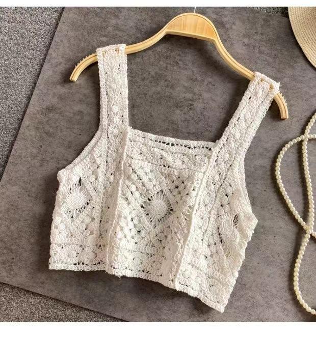 Богемный вязаный ажурный жилет, женский летний прямой накидка, свободный кружевной жилет без рукавов с U-образным вырезом