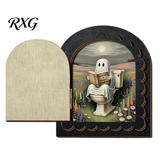 Decorative Halloween Fireplace Accent Cute Ghost Door Ornaments, Vintage Miniature Decoration, Retro Arched Tabletop Decor 3 Layer Openable