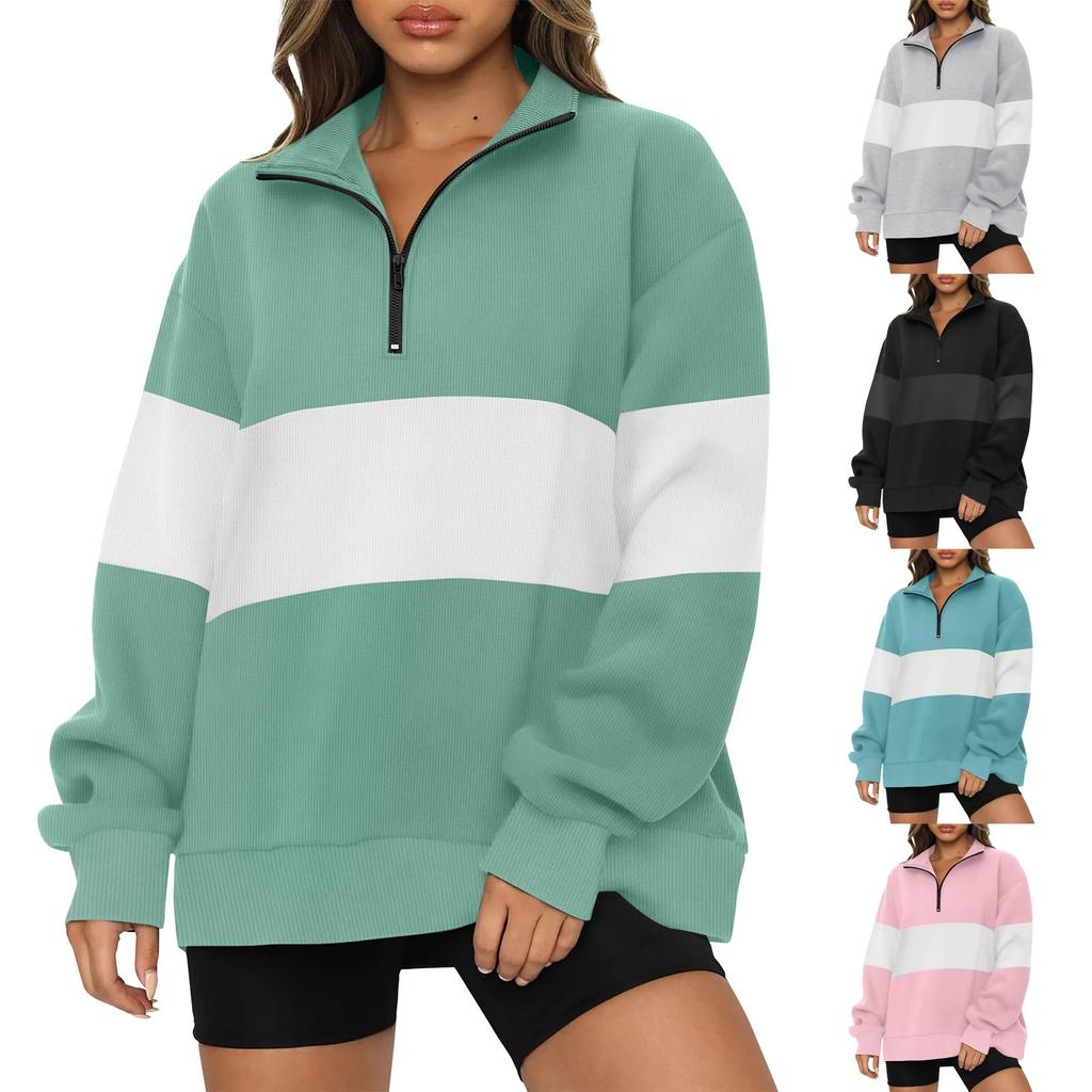 Women's Casual Loose Long Sleeved Patchwork Zipper Sweatshirt Top Loose Striped Sweatshirt