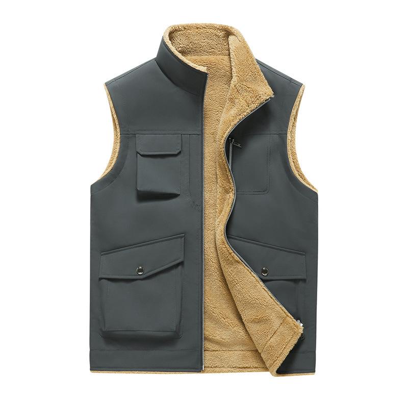 Men's Fleece Multi-pocket Cargo Vest Autumn and Winter New Stand Collar Thickened Outdoor Sports Vest