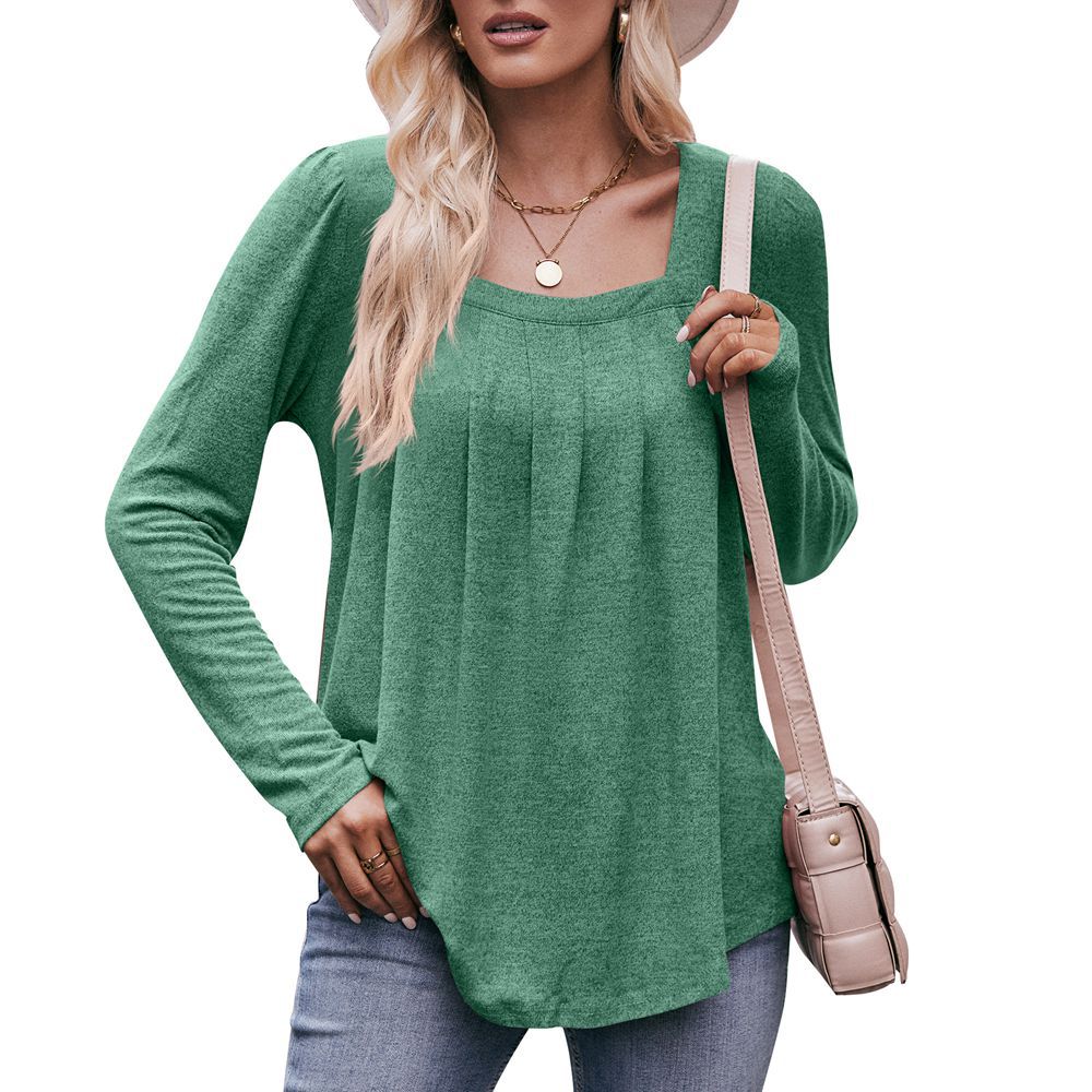 Spring and Autumn Casual Bubble Sleeve Square Collar Crimson Long Sleeve Women's T-shirts