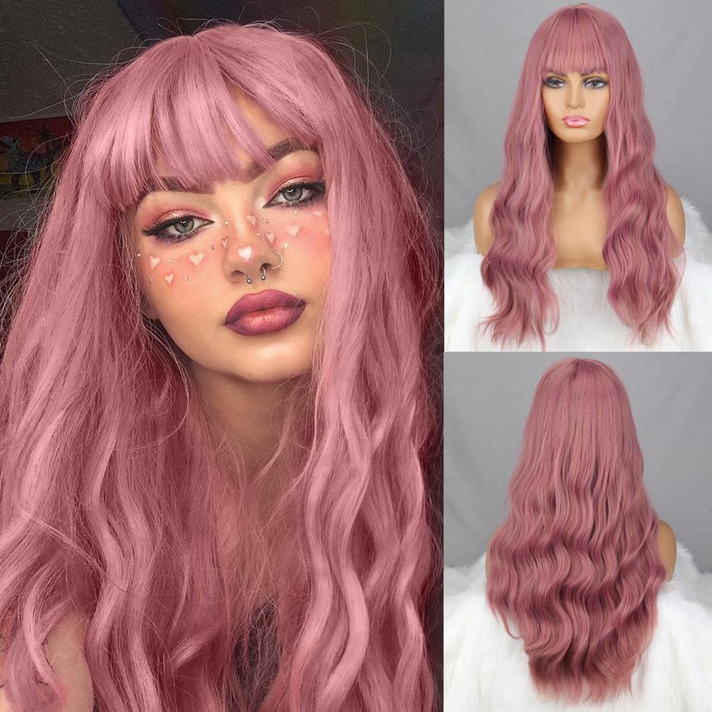 MISS WIG Grey Wig Long Wavy Wig with Bangs Synthetic Fiber Long Water Wave Wig for Women Daily Wear