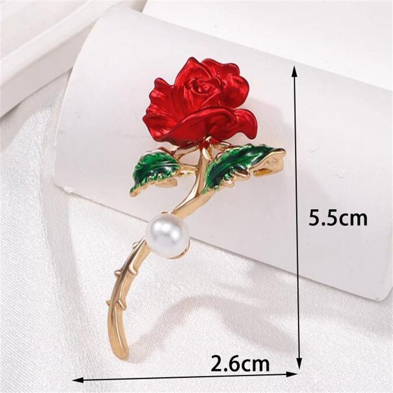 Elegant Temperament Red Rose Pearl Brooch Pins For Women Enamel Flower Corsage Wedding Party Jewelry Accessories Gift