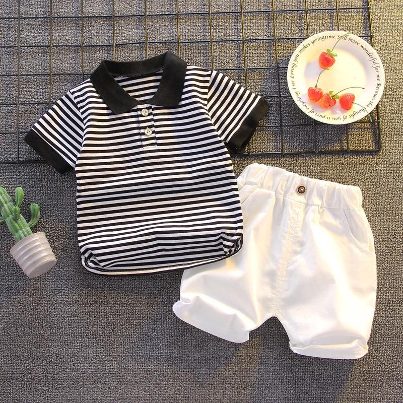 Boys' Trendy Summer Striped Polo Shirt & Shorts Set