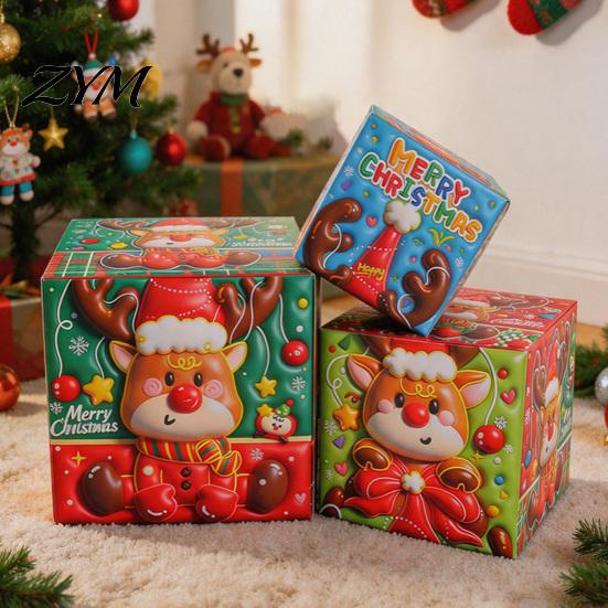 Fireplace Scene Decorations 3Pcs Christmas Stackable Gift Box, Layered Cube Plastic Boxes with Santa Claus Pattern Snowman Reindeer, Tabletop Display