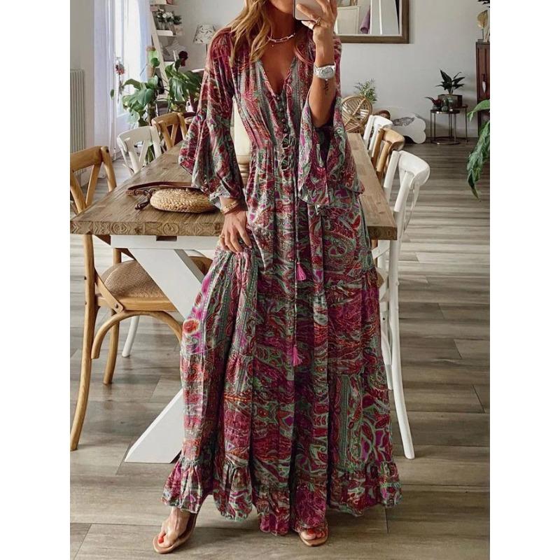 Trumpet Sleeve Printed V-neck High Waisted Vacation Dress with Floral Detailing for Women Casual Dresses