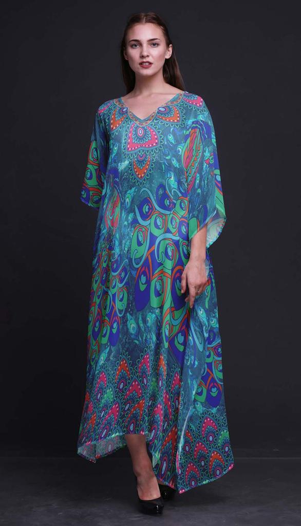Phagun Peacock Bird Long Caftan Maxi Dress Beach Swimwear Cover Up Womens