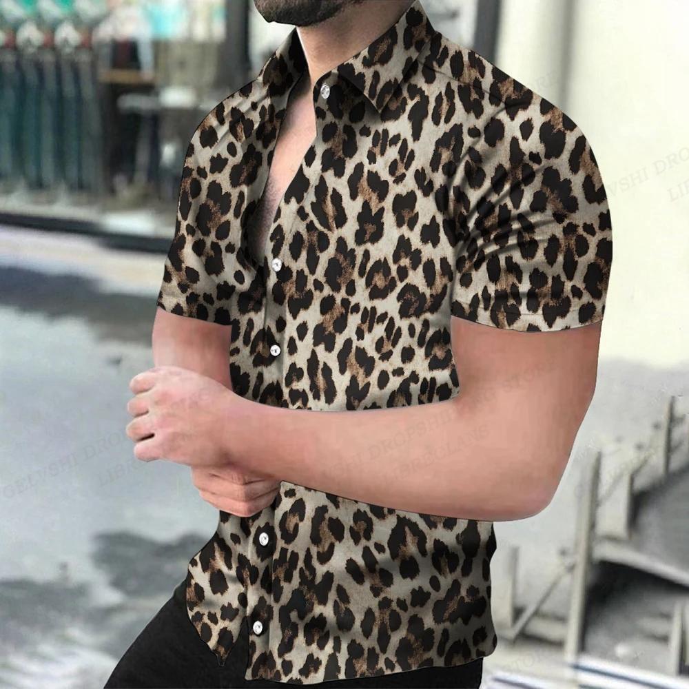 Летние мужские гавайские рубашки с воротником Camisa Леопардовые рубашки с 3D-принтом Мужские и женские рубашки с коротким рукавом Однобортная блузка