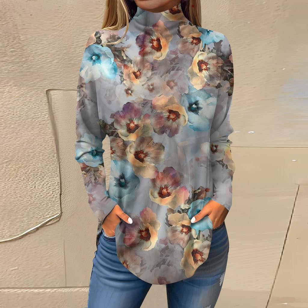 Женская модная повседневная футболка с длинным рукавом с высоким воротом и принтом, пуловер, топ