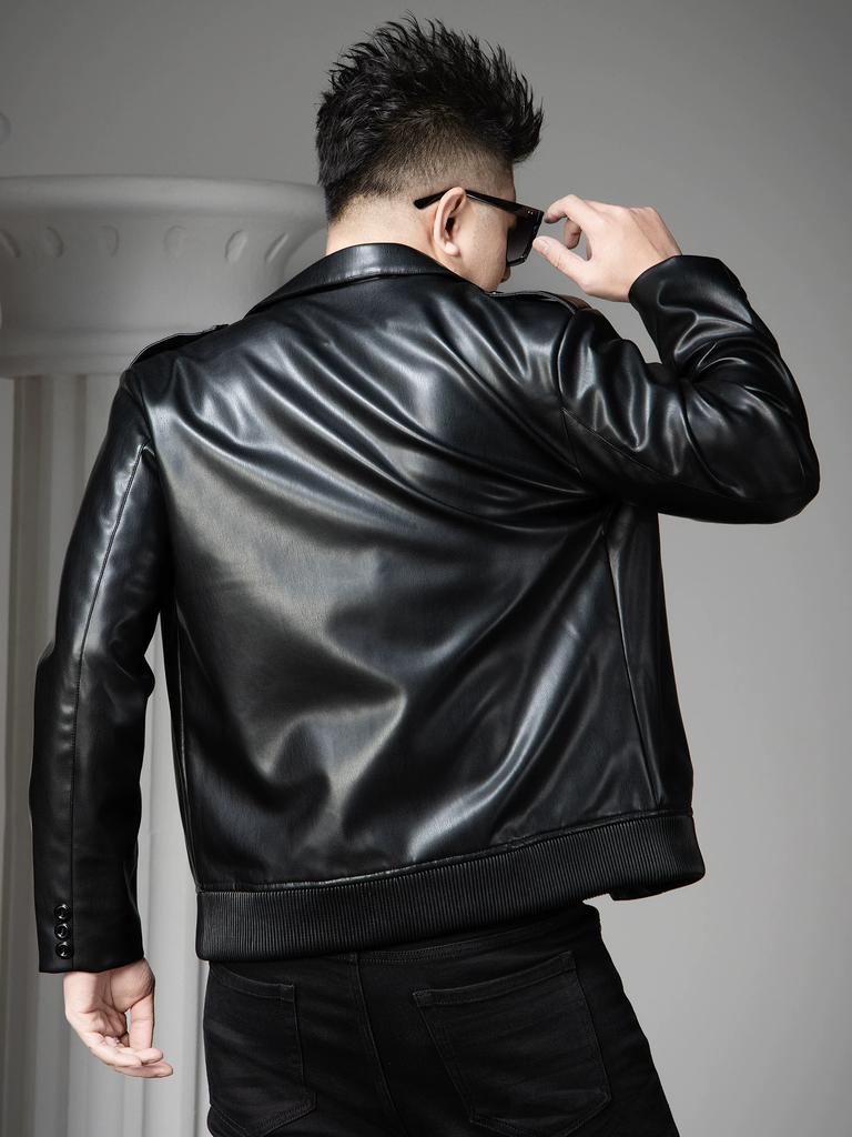 European Style 2025 Autumn New Men's Stylish Biker Leather Jacket with Suit Collar, Trendy Brand Solid Color Leather Coat