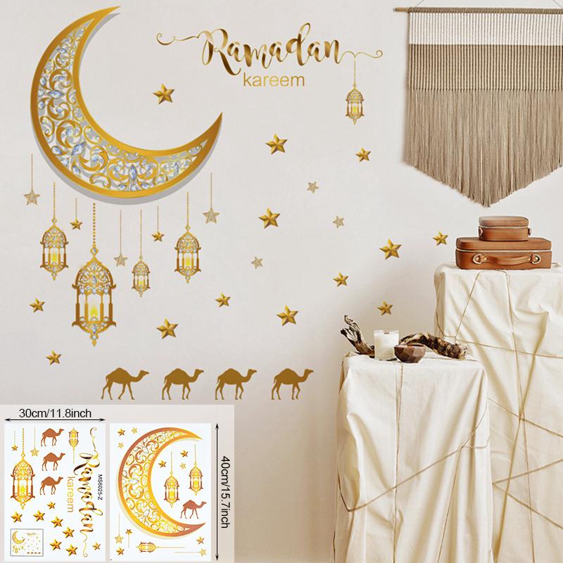 2024 Ramadan Kareem Wall Stickers Moon Star Lantern Wall Decal Eid Mubarak Decorations for Home Muslim Islamic Window Sticker